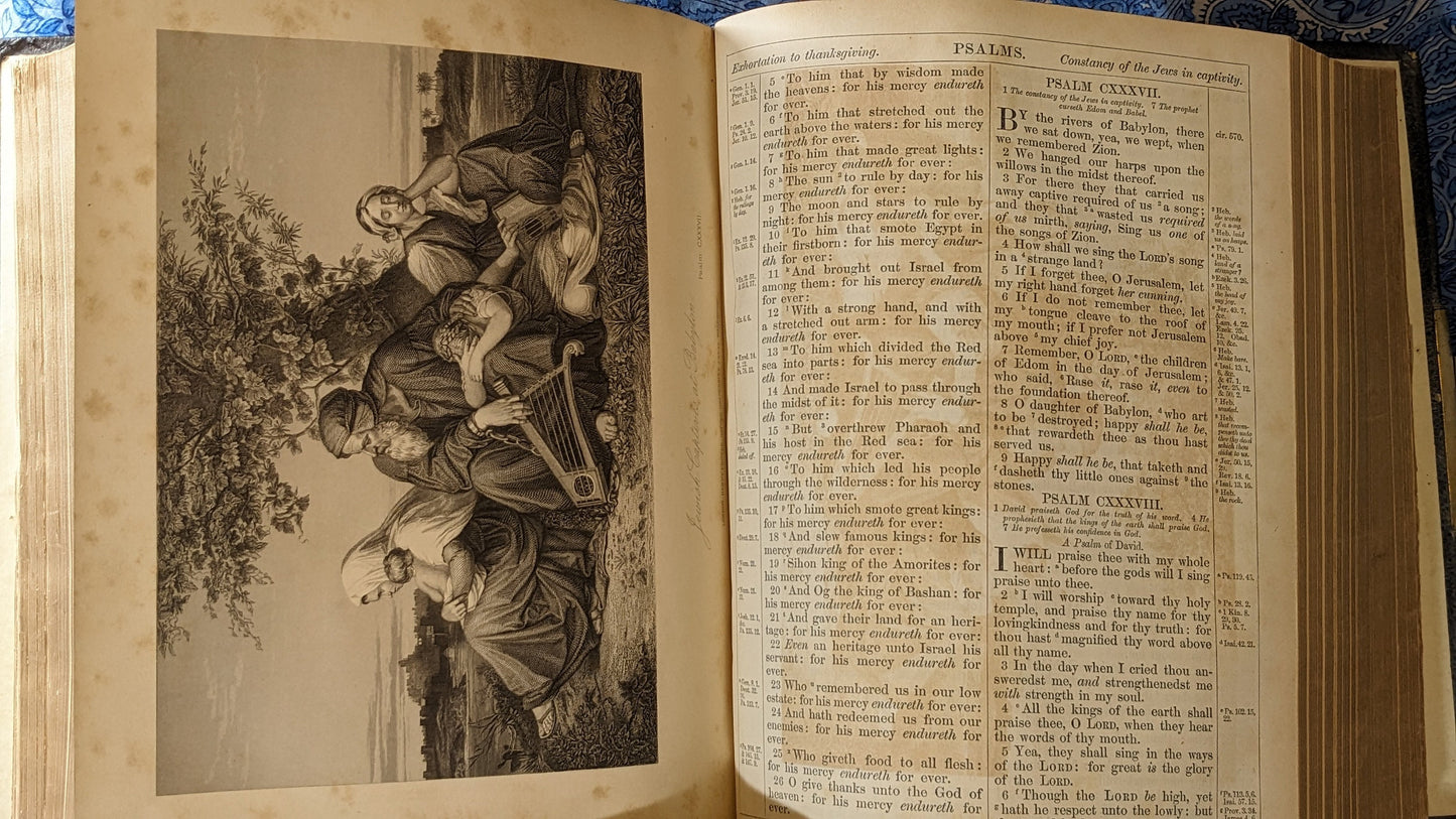 Large Antique Leather The Holy Bible - Oxford University Press 1884 Large Royal Quarto Size w/ Commentaries Henry & Scott with Single Clasp