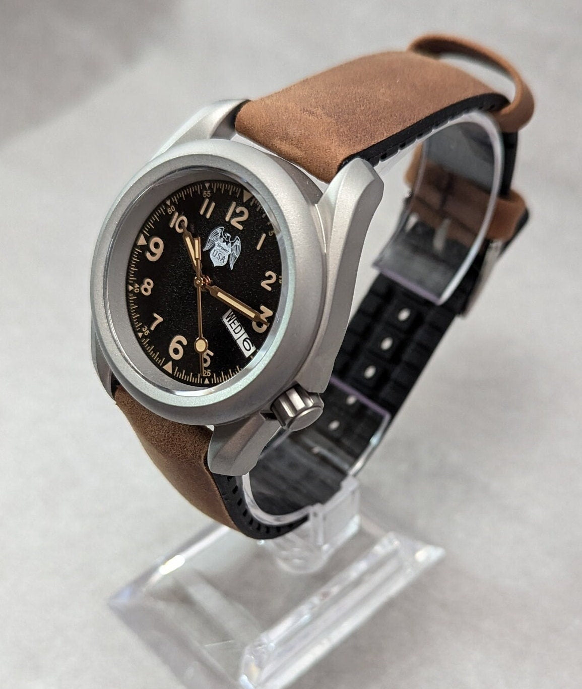 NEW Model 1927 Men's Watch from Sphinx Watch - Black Dial - 24 Jewel Seiko Auto Movement Brushed Steel Case and Barton Watch Band - Retro