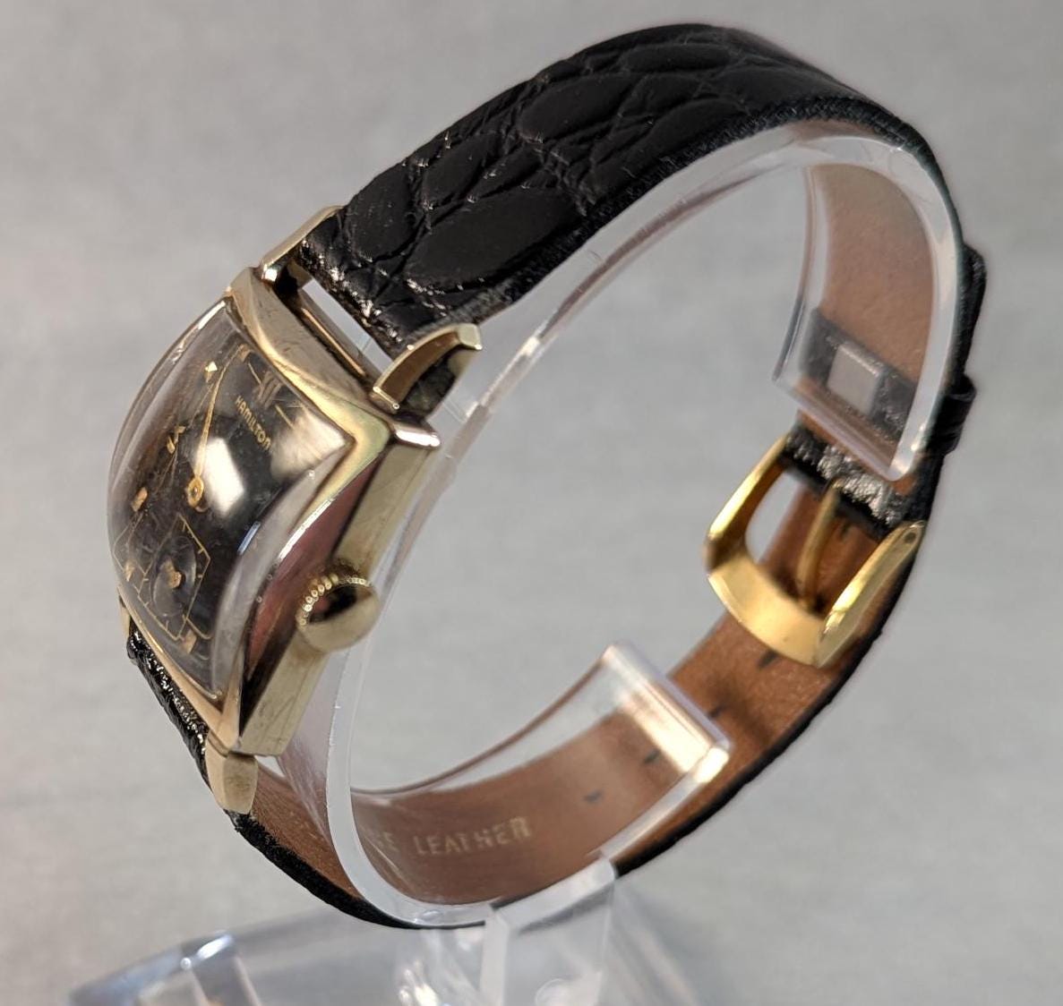 Rare Antique 1951 Hamilton Ryan Watch Black Dial 17 Jewel USA Movement with Great Stylish 10KT Gold Design - Working (Smaller Men's Size)