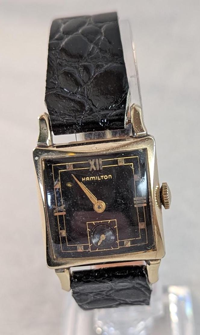 Rare Antique 1951 Hamilton Ryan Watch Black Dial 17 Jewel USA Movement with Great Stylish 10KT Gold Design - Working (Smaller Men's Size)