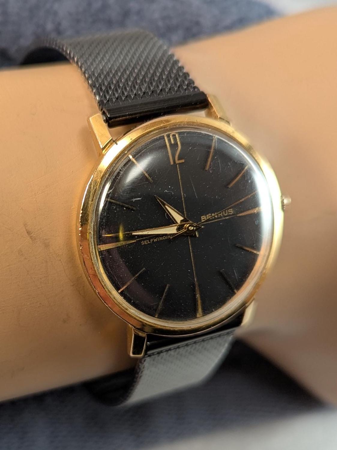 Vintage 1960s Benrus Automatic Swiss Watch - Rare Black dial with a Stylish Retro 60s Design - Working Dress/Casual Watch w/ New Black Band