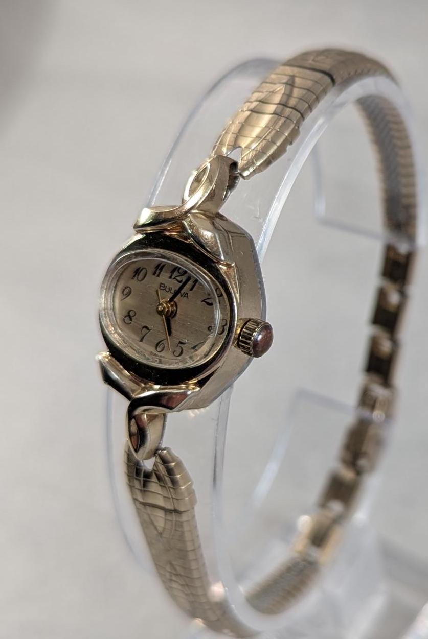 Vintage 1977 Bulova Ladies Cocktail Watch Gold Tone Bezel & Delicate Gold Tone Band - CONVERTED to Quartz Working Movement Retro Fashion