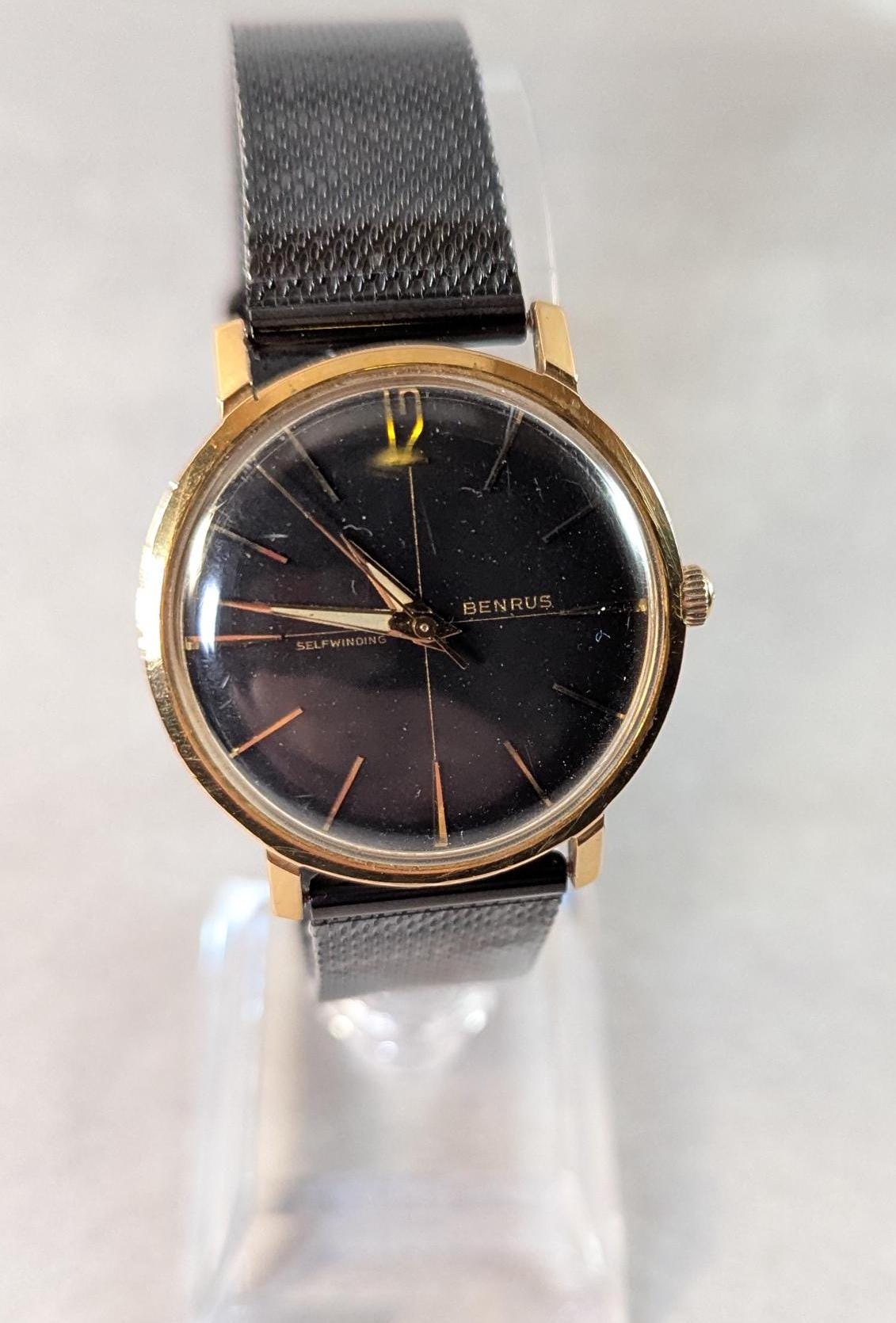 Vintage 1960s Benrus Automatic Swiss Watch - Rare Black dial with a Stylish Retro 60s Design - Working Dress/Casual Watch w/ New Black Band