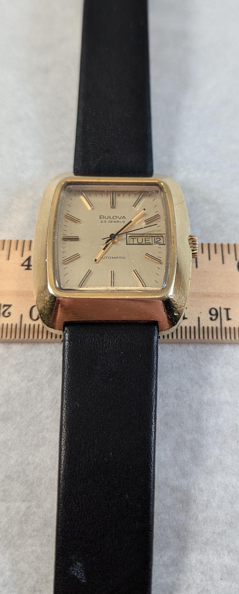 Fantastic & Rare Vintage 1974 Bulova Minute Man Automatic Wristwatch - Gold Tone Case Swiss 23 Jewel Auto Movement with new Leather Band.