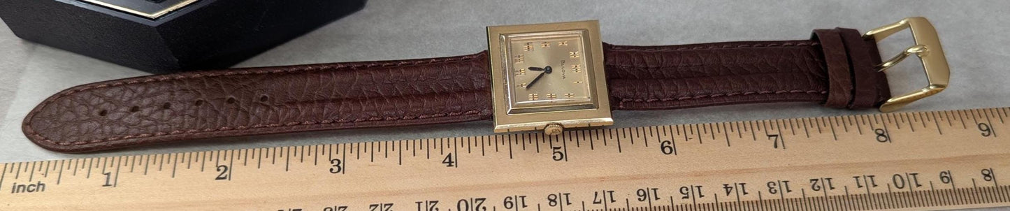 Rare 1969 Bulova President Square Watch – Gold Tone, Leather Band, Swiss Movement