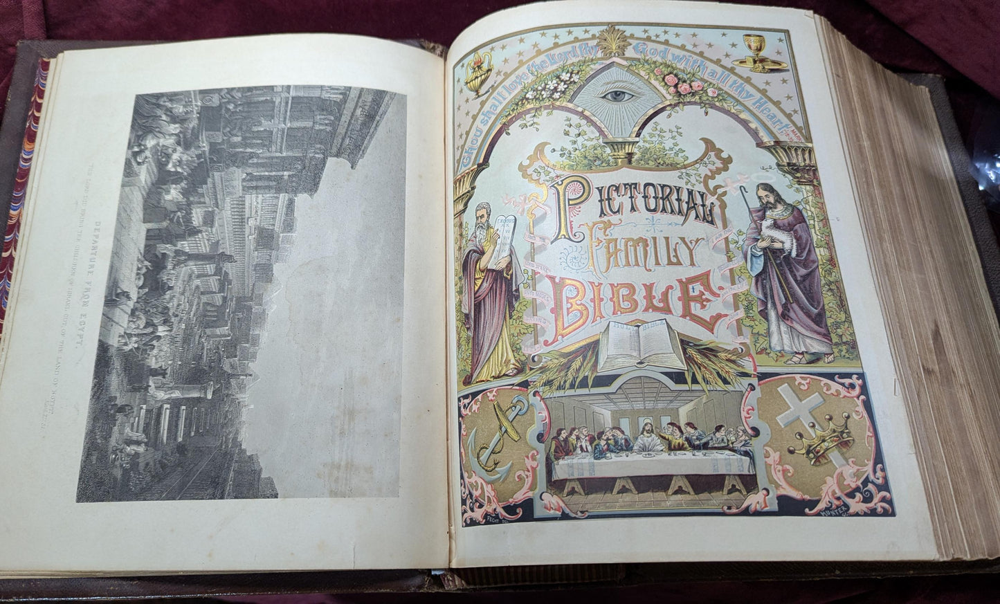 Antique Leather 1885 Standard Edition The Holy Bible -Large Royal Quarto Size with Ornate & Embossed Covers - Illustrated Color Pictures