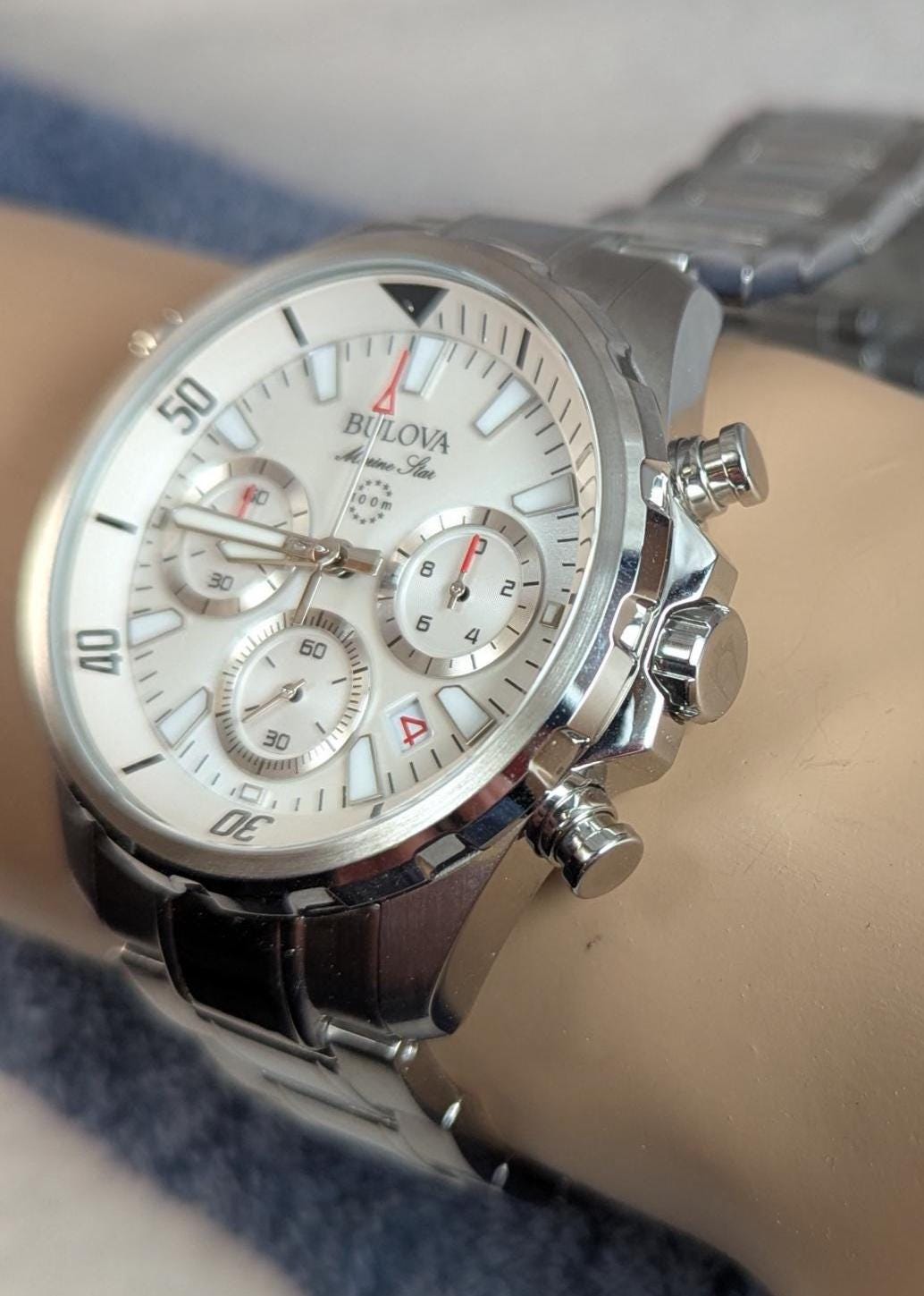 Bulova Marine Star Chronograph Watch: Stainless Steel, White Dial, 43mm