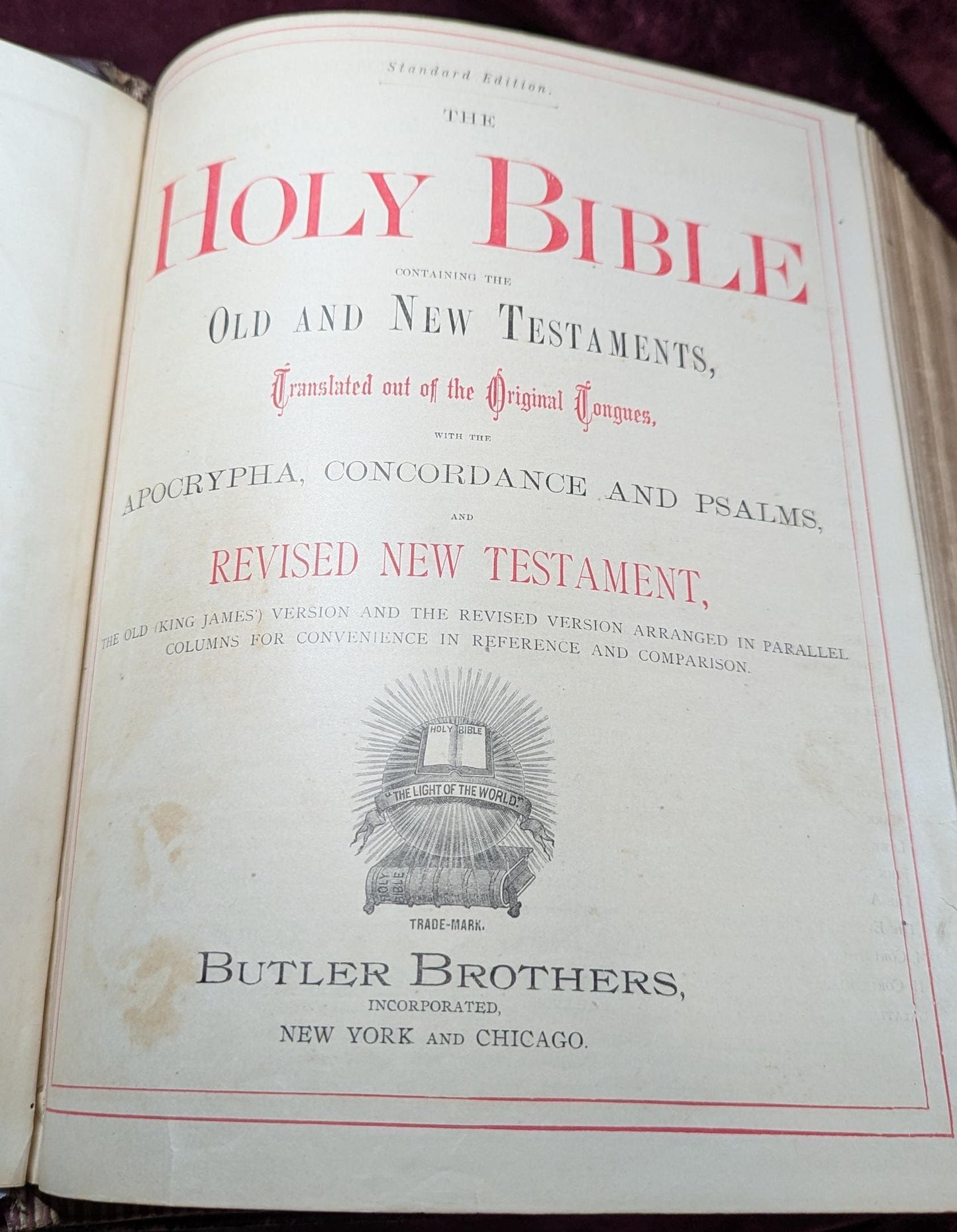 Antique Leather 1885 Standard Edition The Holy Bible -Large Royal Quarto Size with Ornate & Embossed Covers - Illustrated Color Pictures