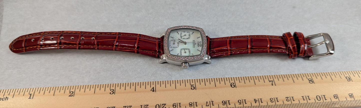 Skagen Mother of Pearl Crystal Watch: Stainless Steel & Leather Strap