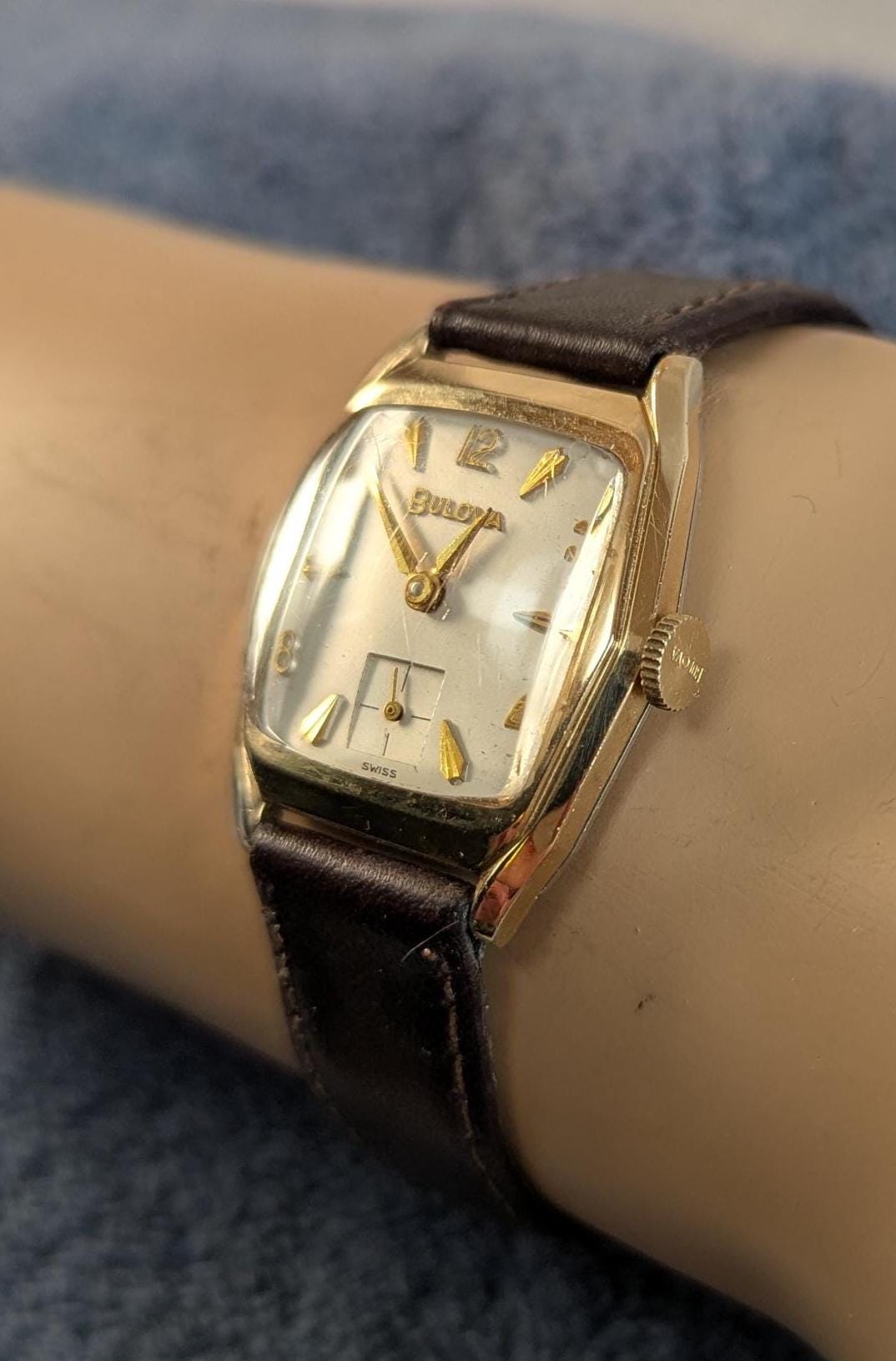 A 1962 Bulova Senator "Q" Variant Men's Watch - Unusual 10 KT Rolled Gold Bezel Leather Band Fine 17 jewel Swiss Movement. Keeping Good Time