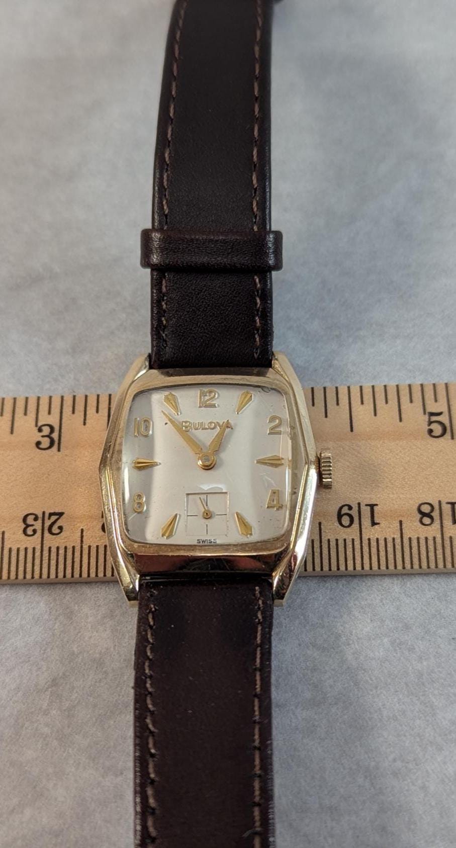 A 1962 Bulova Senator "Q" Variant Men's Watch - Unusual 10 KT Rolled Gold Bezel Leather Band Fine 17 jewel Swiss Movement. Keeping Good Time