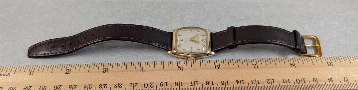 A 1962 Bulova Senator "Q" Variant Men's Watch - Unusual 10 KT Rolled Gold Bezel Leather Band Fine 17 jewel Swiss Movement. Keeping Good Time