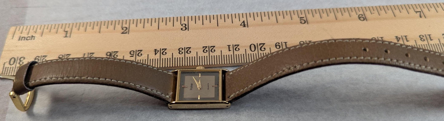 Ladies Pulsar V232-5520 Watch: Two-Tone Dial, Gold Bezel, Leather Band
