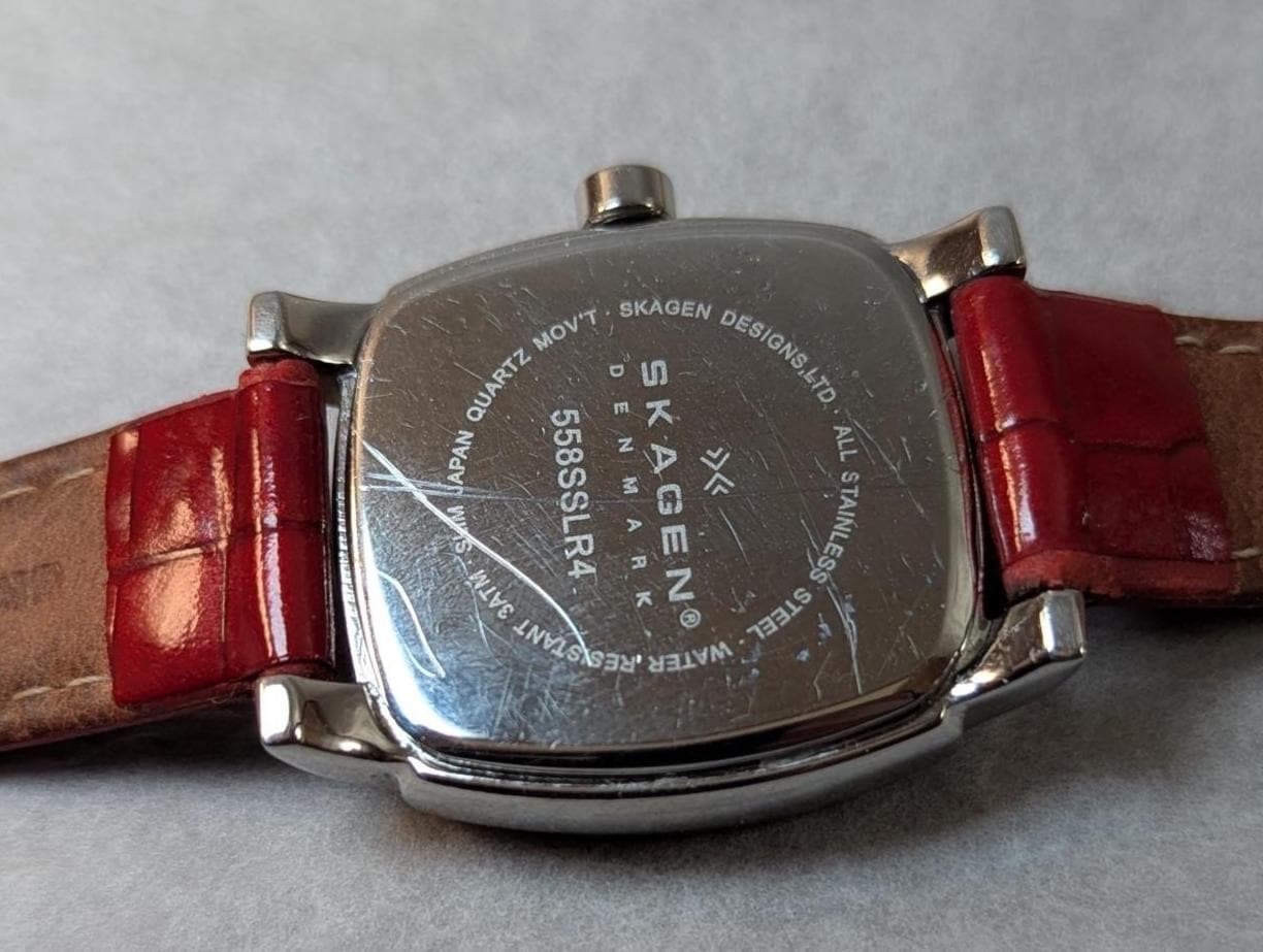 Skagen Mother of Pearl Crystal Watch: Women's Silver Leather Band