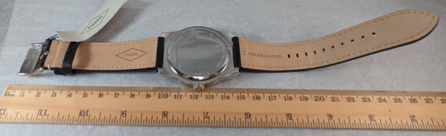 NWT Fossil Chronograph Watch BQ2334 Geoff Model Black Leather Strap, New Battery