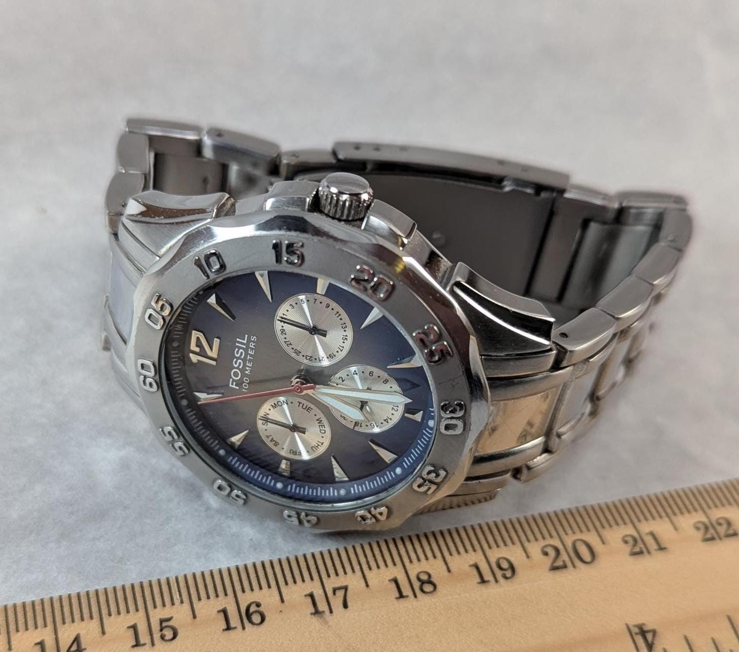 Fossil Blue Dial Chronograph Watch: Stainless Steel, Lume Hands, Small Band