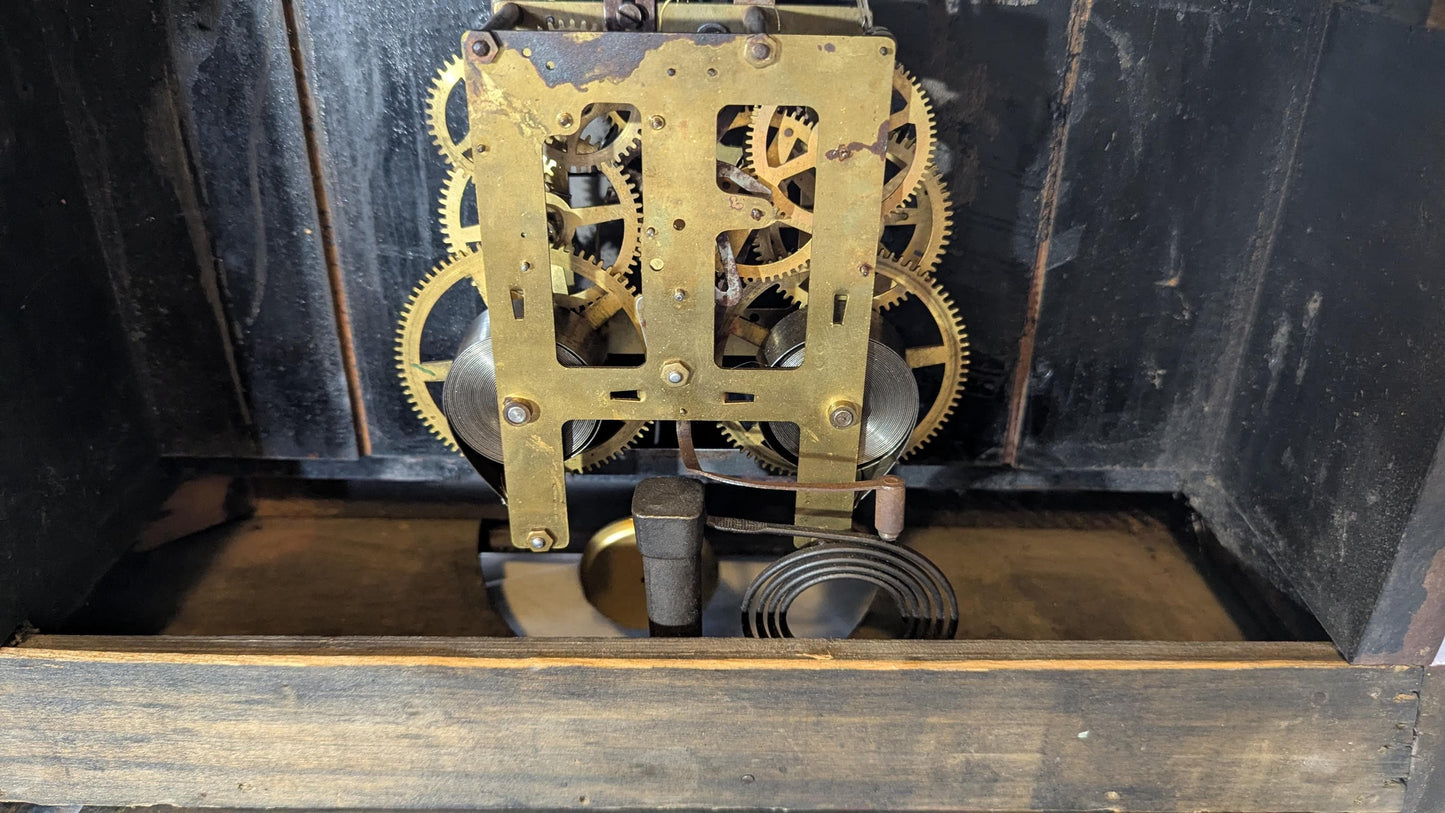 Antique E Ingraham Mantle Clock: Wood Case, Gold Accents, Scroll Feet
