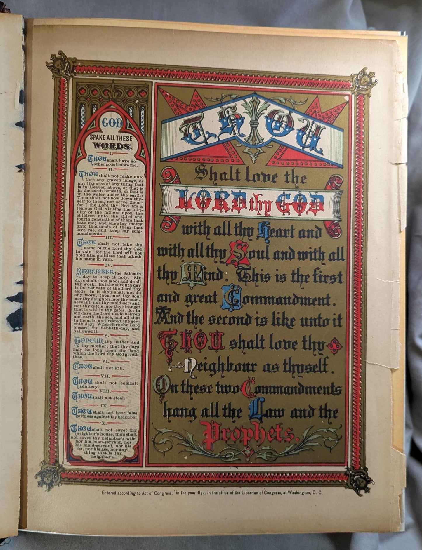 Antique 1887 Holy Bible Parallel Edition Large Embossed Leather Cover, Color Illustrations