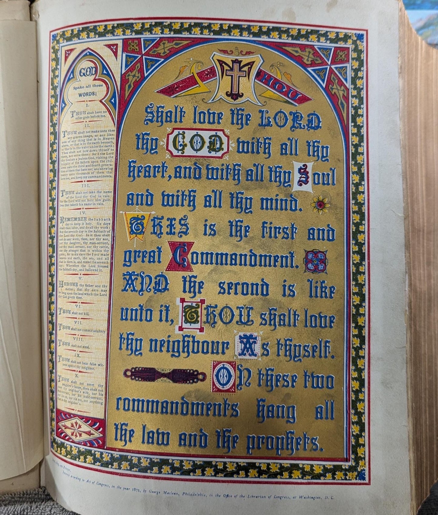 Rare Antique ca1872 Large Leather Holy Bible Clasped Illustrated Gold Leaf Embossed
