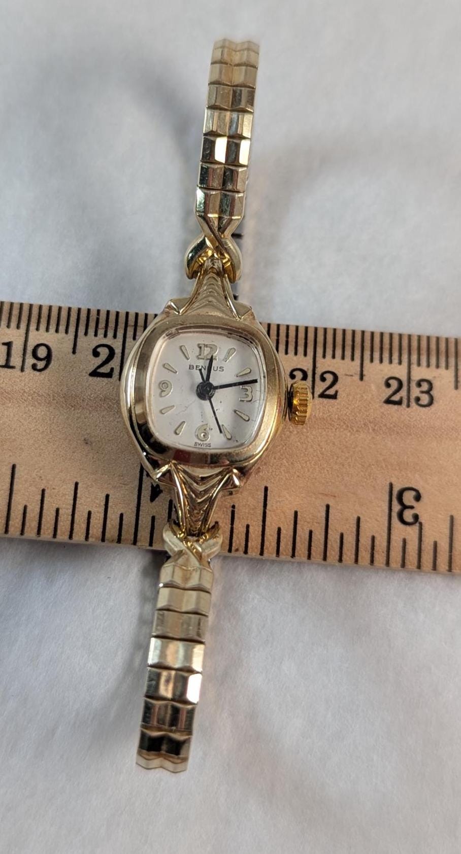 Vintage CONVERTED to Quartz Ladies Cocktail Watch - Benrus Gold Tone Bezel & Delicate Expansion Band