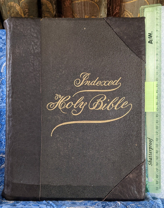Interesting Antique The Holy Bible Indexed Edition Old and New Testaments  (ex Lib Seminary)  Octavo Size Book - New Leather Strips on Cover
