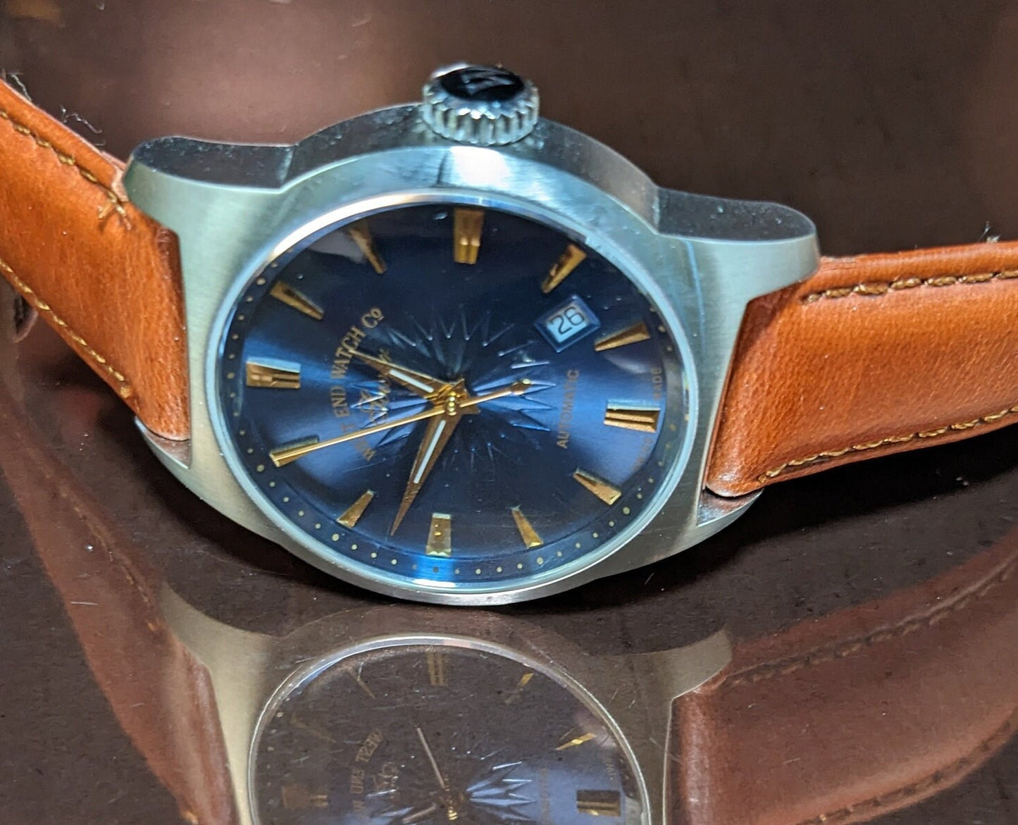 West End Swiss Automatic Watch: Blue Dial, Leather Band, Stainless Steel