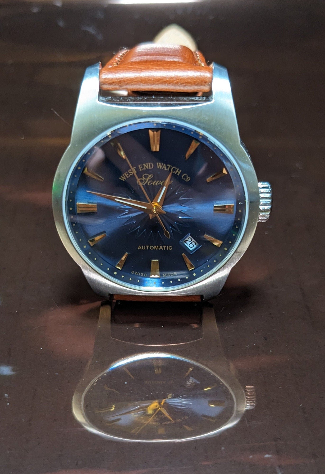West End Swiss Automatic Watch: Blue Dial, Leather Band, Stainless Steel