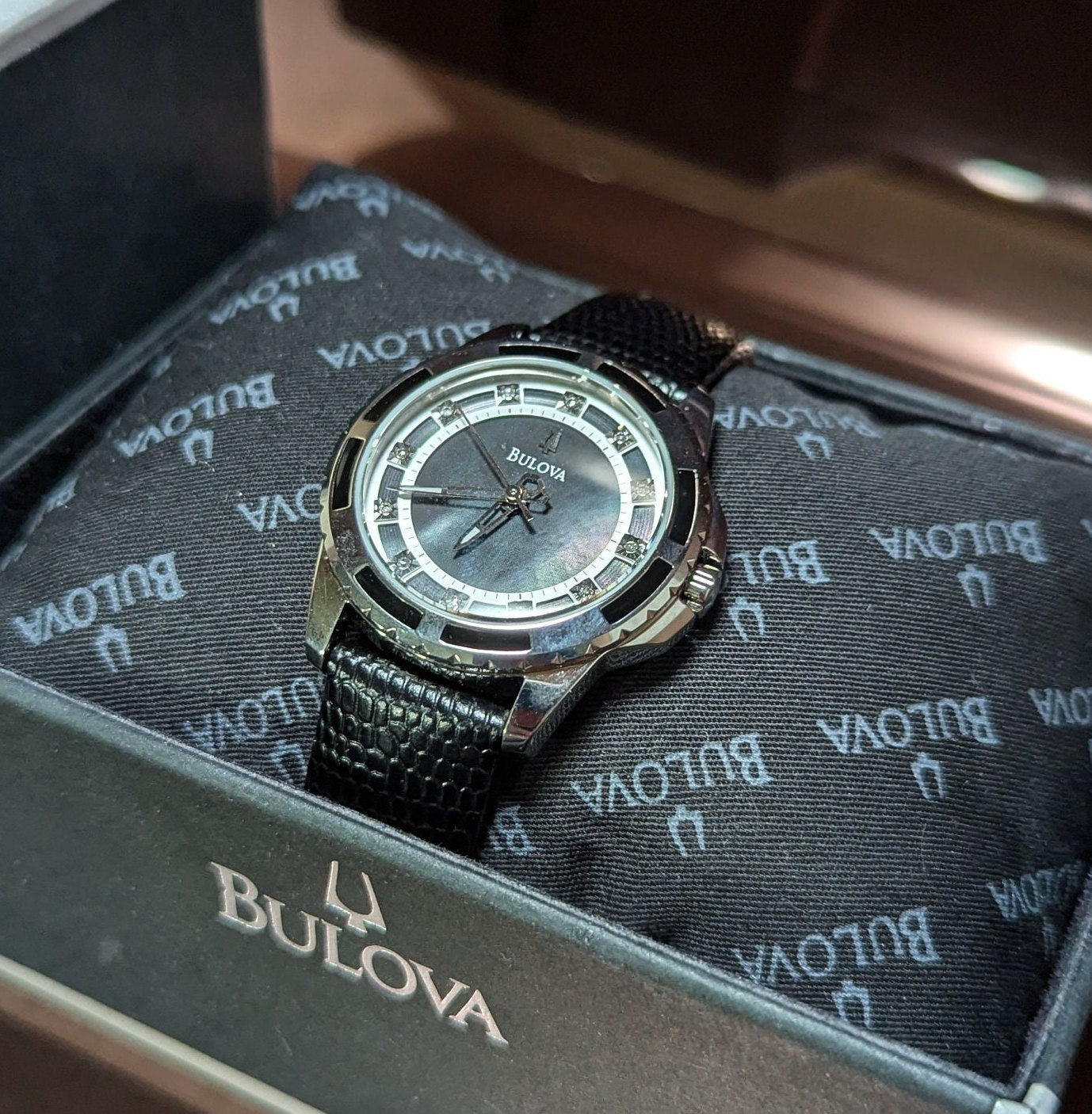 Nice Bulova Ladies Watch, Mother of Pearl Dial, Diamond Hour Marks, Enamel Inlay