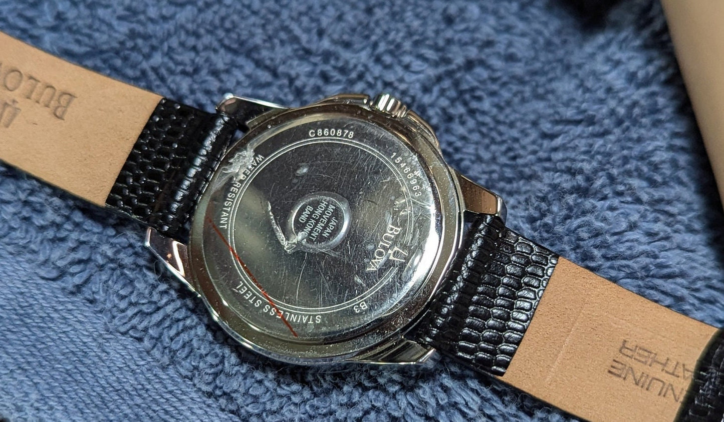 Nice Bulova Ladies Watch, Mother of Pearl Dial, Diamond Hour Marks, Enamel Inlay