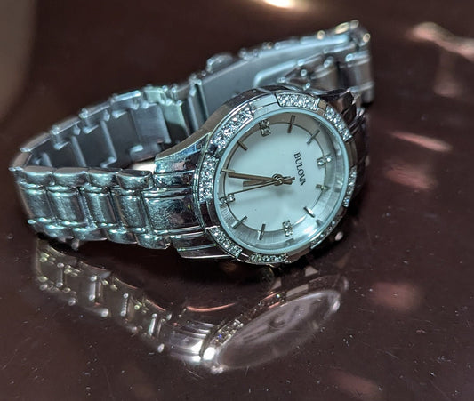 Awesome Bulova Ladies Watch - Model 96L191 Women's Mother of Pearl Dial with Crystals Accents on Bezel Dial - Working with New Battery
