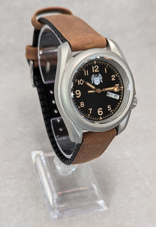 Model 1927 Men's Watch from Sphinx Watch - Black Dial - 24 Jewel Seiko Auto Movement Brushed Steel Case and Barton Watch Band - Retro