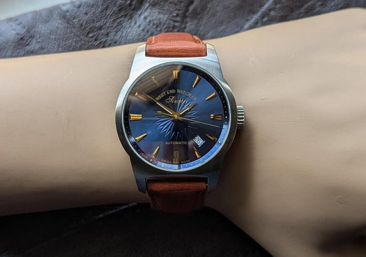 Rare in USA - Beautiful Blue West End Swiss Men's Watch - Swiss Auto movement with Date and Leather Band. Makes a Great Luxury Gift