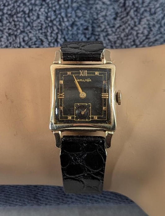 Rare Antique 1951 Hamilton Ryan Watch Black Dial 17 Jewel USA Movement with Great Stylish 10KT Gold Design - Working (Smaller Men's Size)