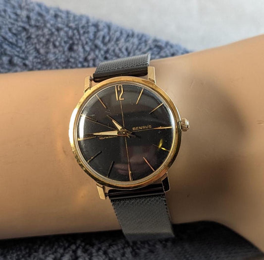 Vintage 1960s Benrus Automatic Swiss Watch - Rare Black dial with a Stylish Retro 60s Design - Working Dress/Casual Watch w/ New Black Band