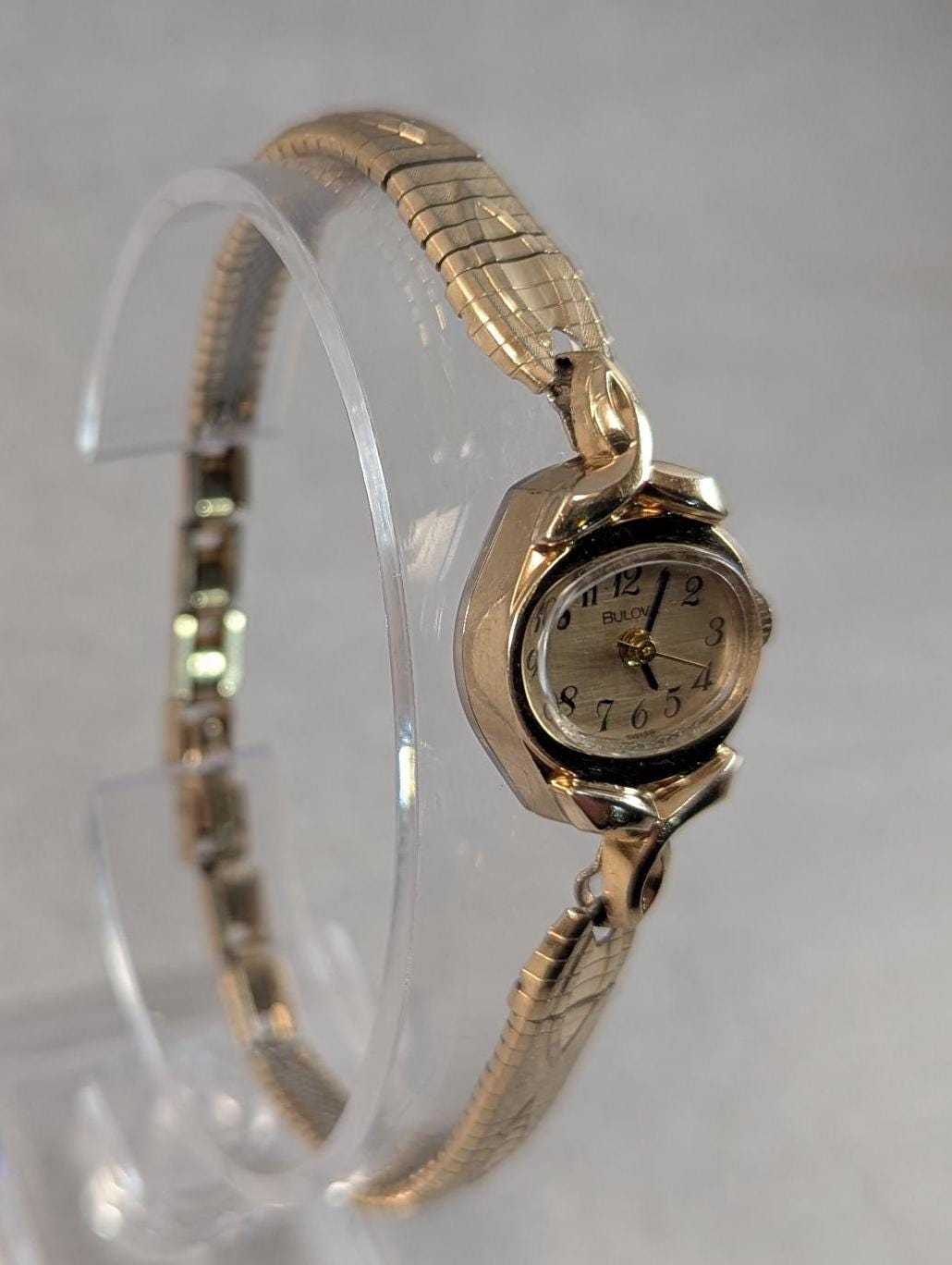 Vintage 1977 Bulova Ladies Cocktail Watch Gold Tone Bezel & Delicate Gold Tone Band - CONVERTED to Quartz Working Movement Retro Fashion