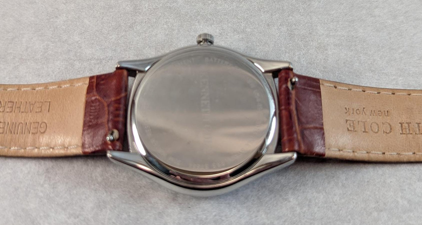 Nice Kenneth Cole Designer Mens Silver Tone Quartz Watch- Fantastic White MOP style Dial Lume Hands Leather Band New Battery Great Condition