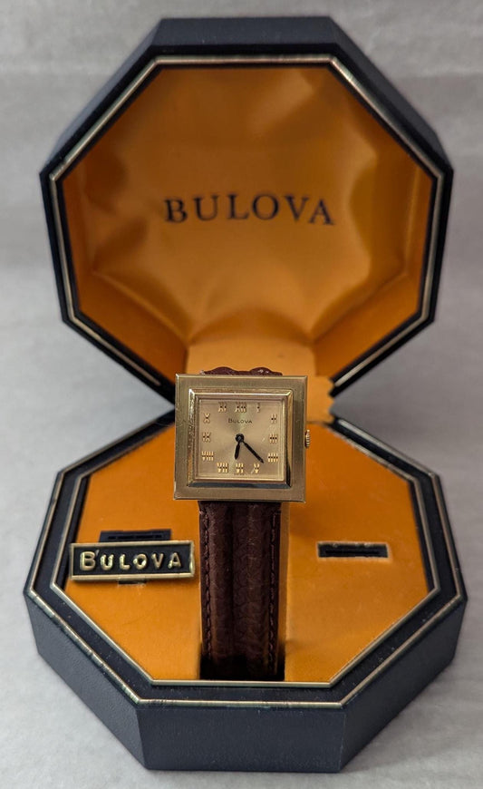 Rare 1969 Bulova President Square Watch – Gold Tone, Leather Band, Swiss Movement