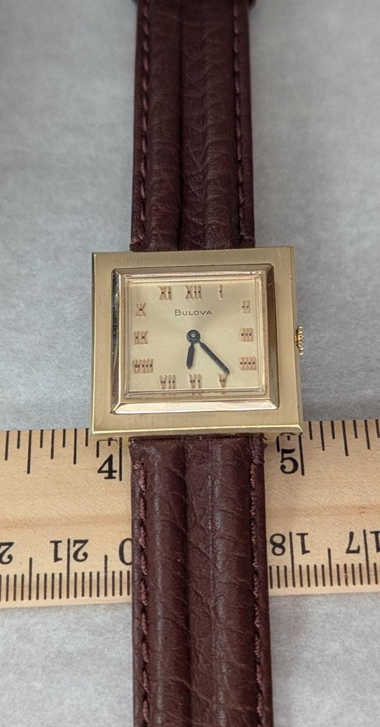Rare 1969 Bulova President Square Watch – Gold Tone, Leather Band, Swiss Movement