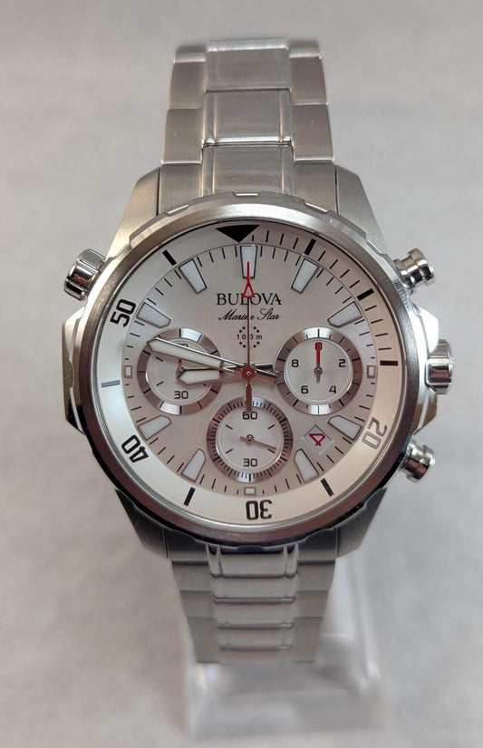 Bulova Marine Star Chronograph Watch: Stainless Steel, White Dial, 43mm
