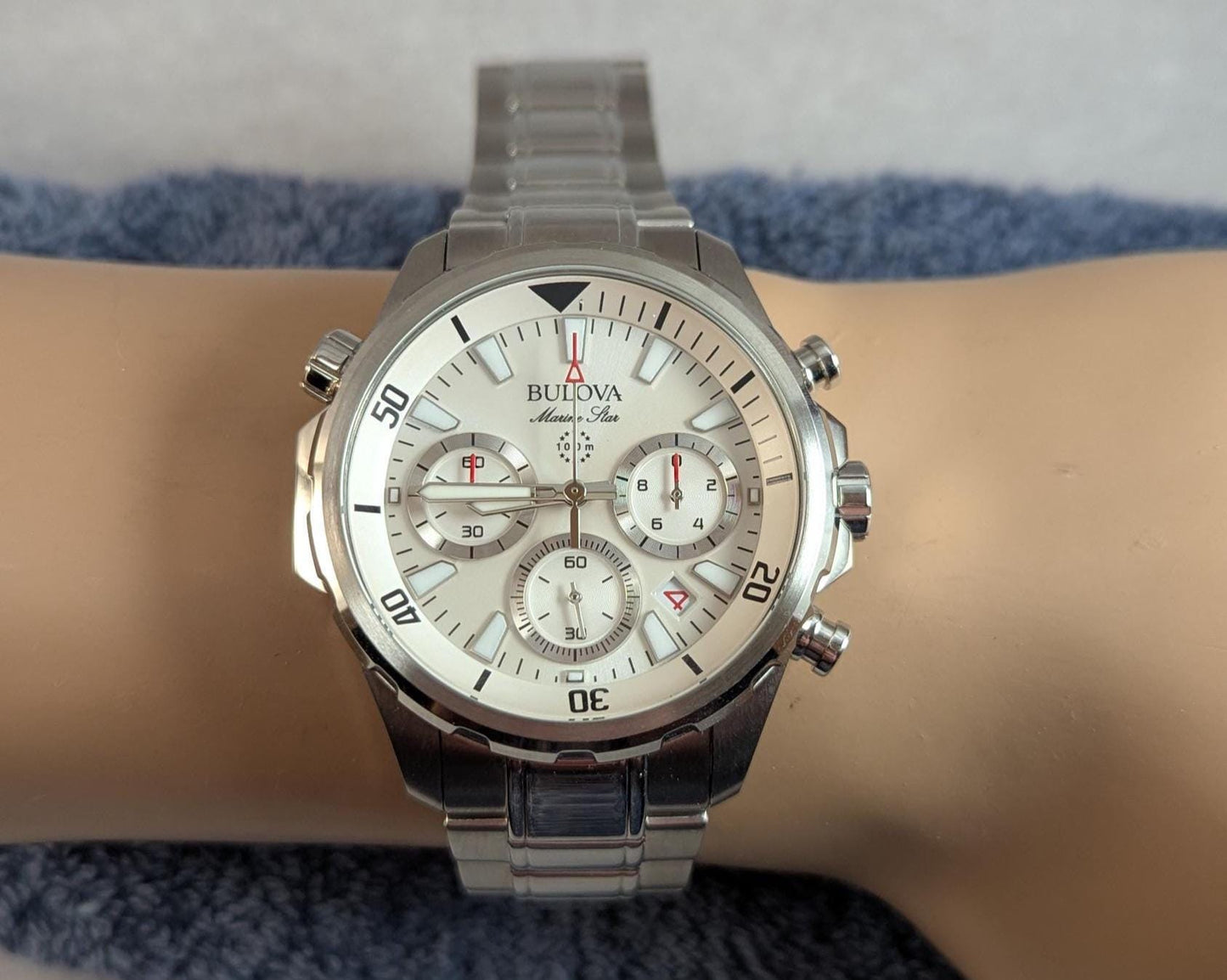 Bulova Marine Star Chronograph Watch: Stainless Steel, White Dial, 43mm