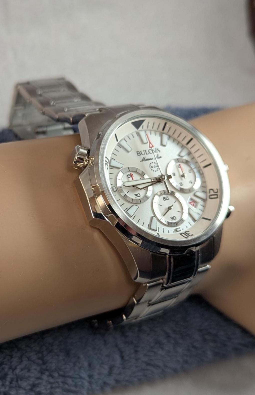 Bulova Marine Star Chronograph Watch: Stainless Steel, White Dial, 43mm