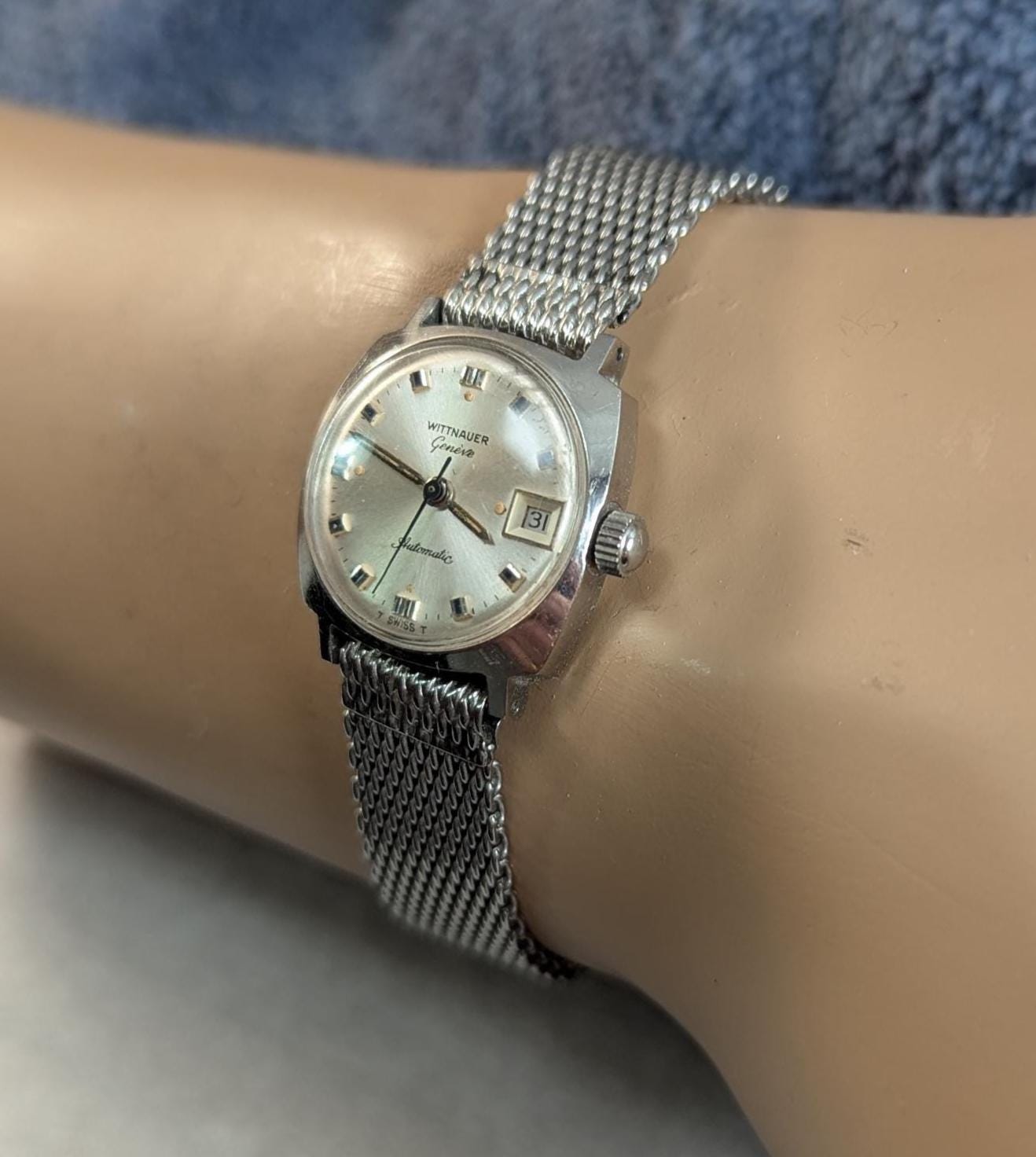 Fantastic Vintage 1970s Wittnauer Longines Automatic Ladies Wristwatch Stainless Steel Case Swiss 17 Jewel Auto Movement Original Mesh Band