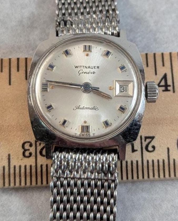 Fantastic Vintage 1970s Wittnauer Longines Automatic Ladies Wristwatch Stainless Steel Case Swiss 17 Jewel Auto Movement Original Mesh Band