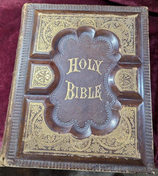 Antique Leather 1885 Standard Edition The Holy Bible -Large Royal Quarto Size with Ornate & Embossed Covers - Illustrated Color Pictures