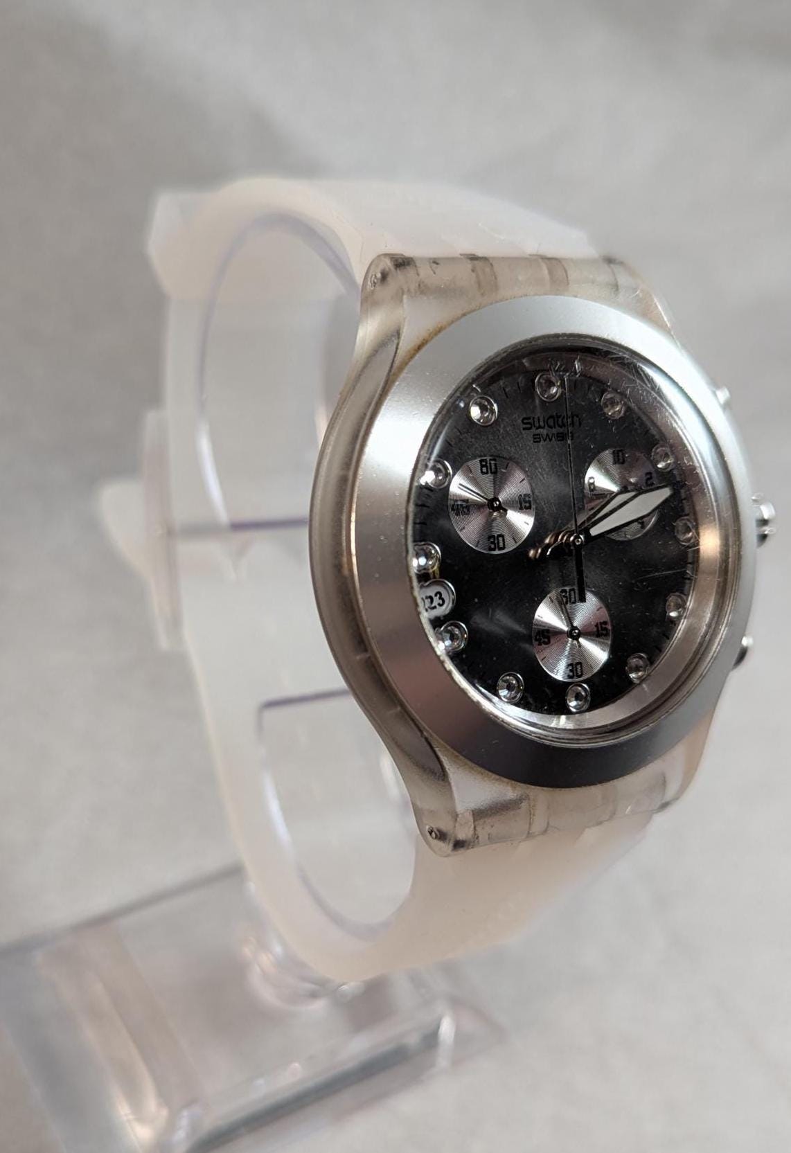 Vintage 2005 Swatch Irony Chronograph Watch: 42mm Diaphane Translucent Case