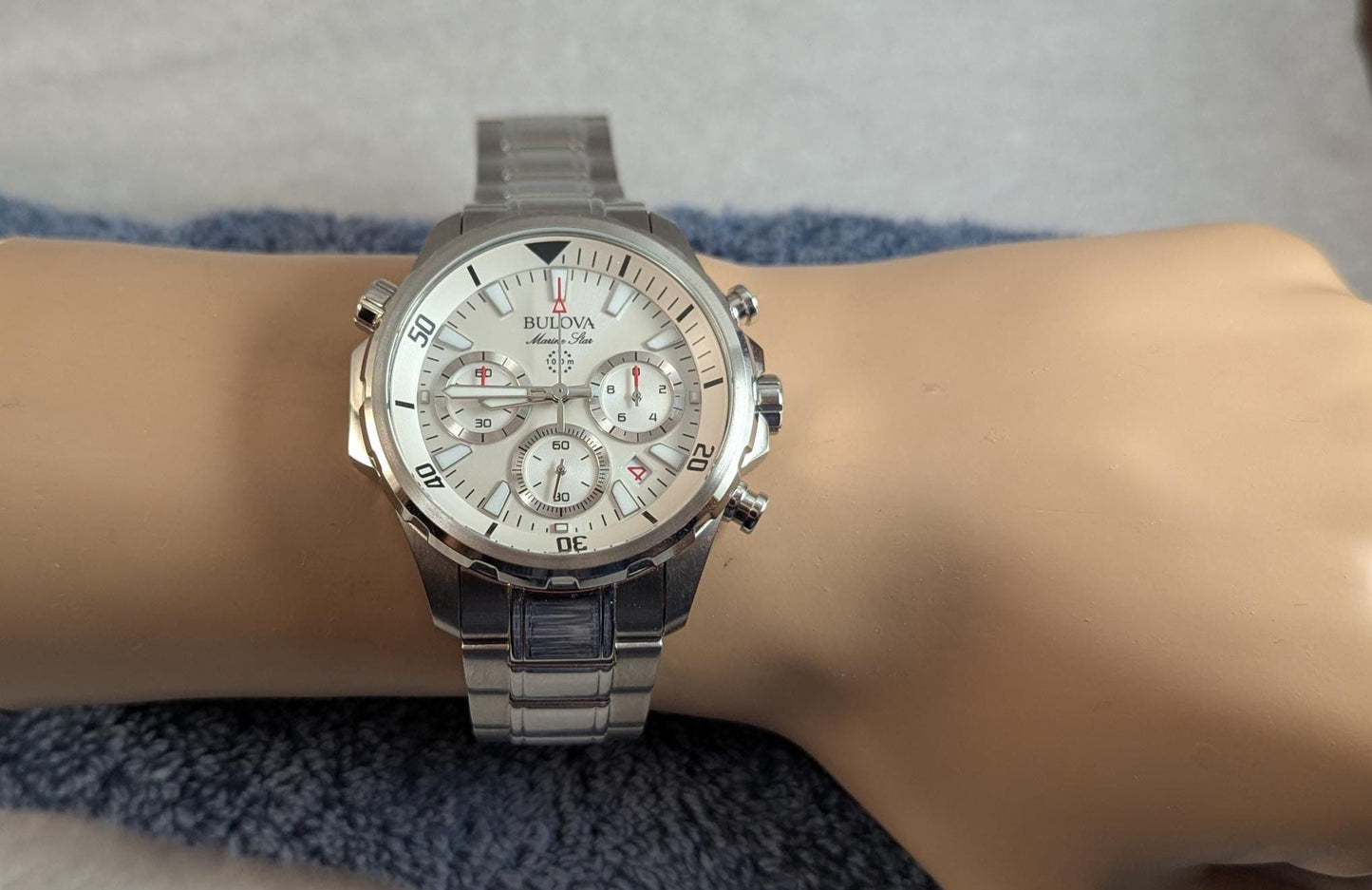 Bulova Marine Star Chronograph Watch: Stainless Steel, White Dial, 43mm