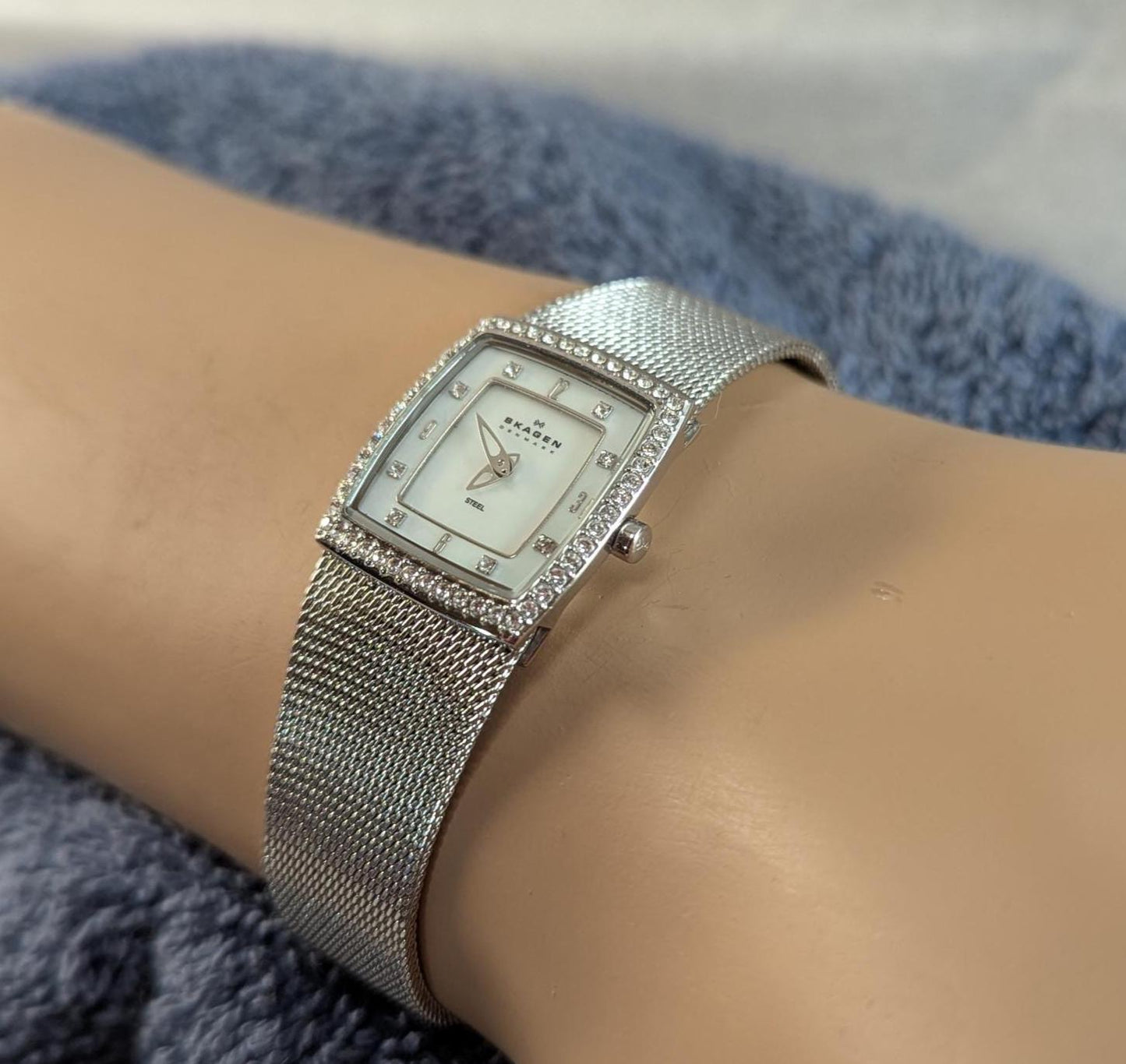 Skagen Mother of Pearl Crystal Watch: Stainless Steel Bracelet