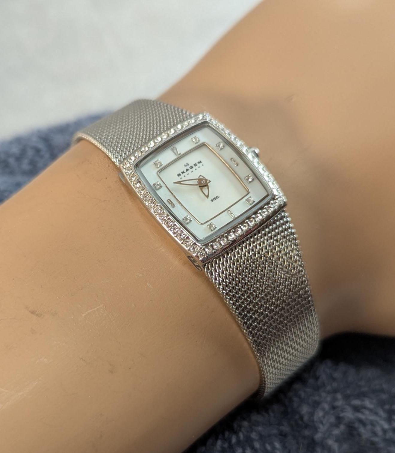 Skagen Mother of Pearl Crystal Watch: Stainless Steel Bracelet