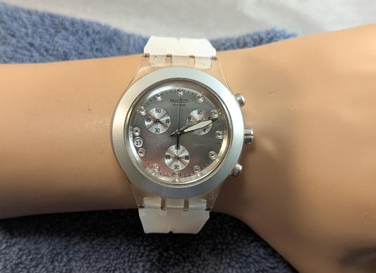 Vintage 2005 Swatch Irony Diaphane Chronograph Watch Date Larger 42mm Case and New Battery and Band - Great working condition for Collectors