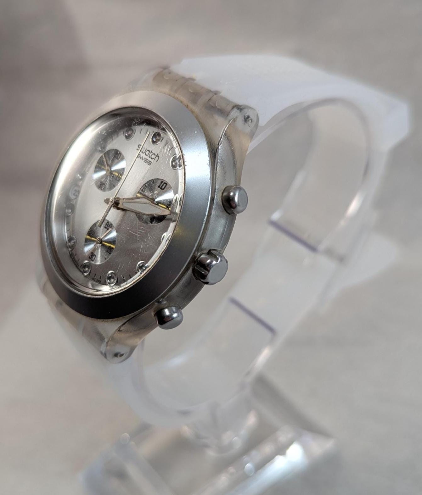 Vintage 2005 Swatch Irony Chronograph Watch: 42mm Diaphane Translucent Case